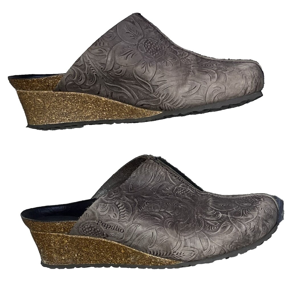Papillio by Birkenstock Dana Brown Embossed Floral Wedge Clogs, Size 40 L9